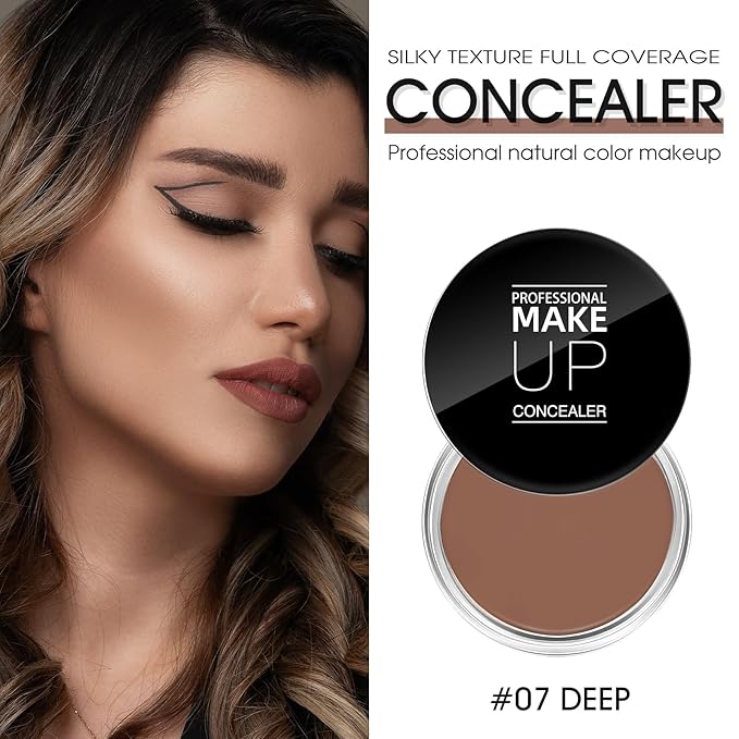 Cream Concealer Full Coverage Makeup, Matte Color Correcting Concealer with Brush, Waterproof, Conceals Blemish, Pores and Spots, Under Eye Makeup Concealer for Dark Circles (#07 DEEP)