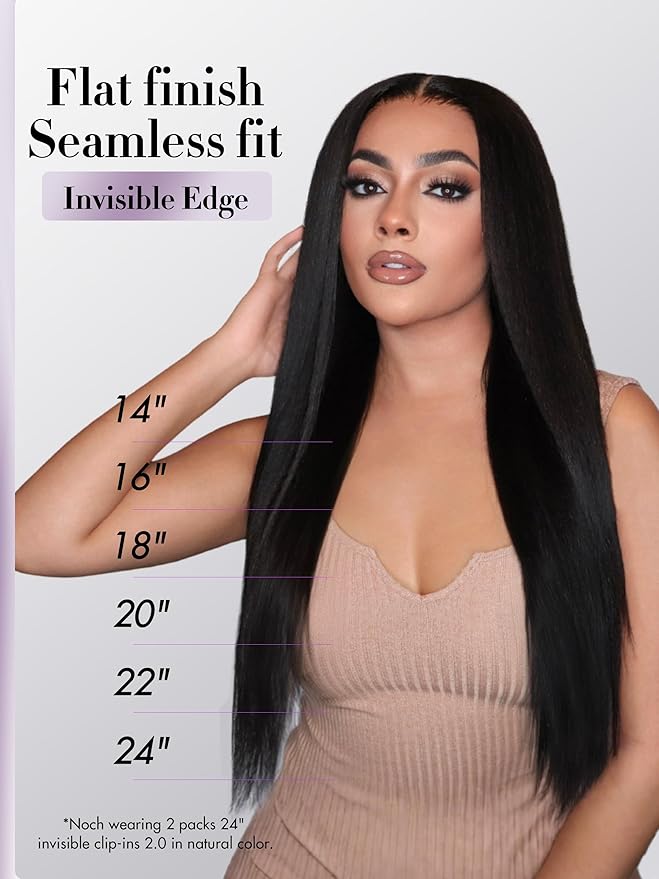 LUVME Invisible Clip in Hair Extensions, Yaki Straight Real Human Hair Remy Hair Clip ins for Women, Natural Human Hair, 24 inch 110g 6Pcs, Natural Black