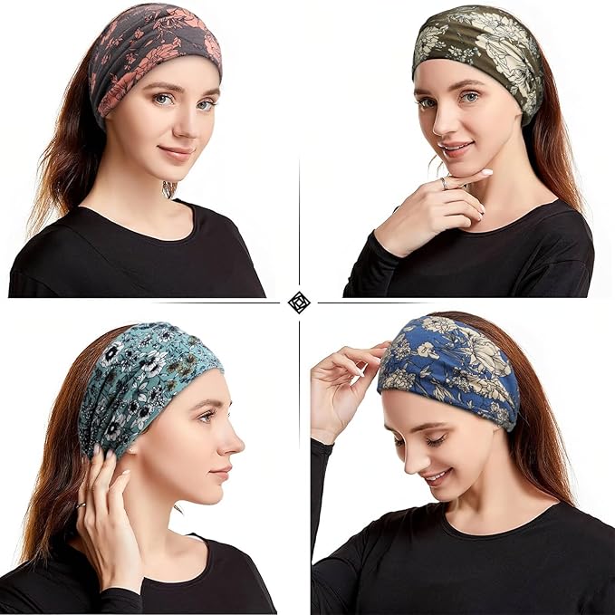 DRESHOW 4 Pack Turban Headbands for Women Wide Vintage Head Wraps Knotted Cute Hair Band Accessories