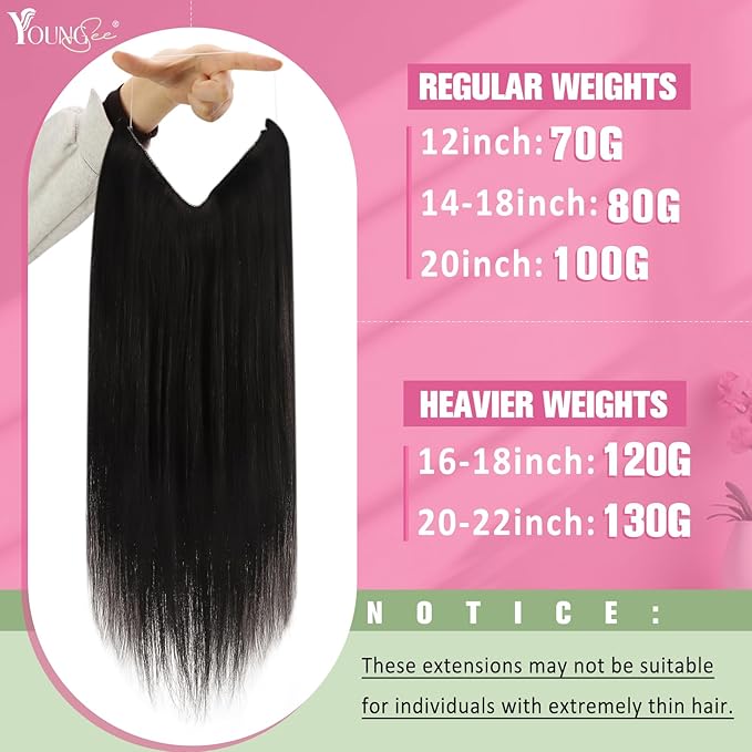 YoungSee Invisible Wire Human Hair Extensions Dark Brown Wire Hair Extensions Darkest Brown Fish Line Extensions Natural Hair for Women 80G 14Inch