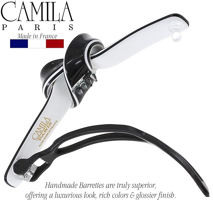 Camila Paris CP3358 French Hair Barrette Clip for Girls, Handmade, Black/White, Metal-Free Closure Strong Hold Grip Hair Clips for Women, No Slip Durable Styling Girls Hair Accessories, Made in France
