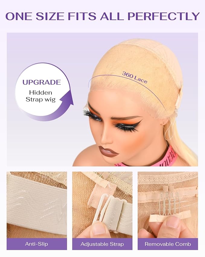Hidden Strap Body Wave 360 613 Lace Front Wig Human Hair Glueless Wigs Human hair Pre Plucked Pre Bleached 180% Density Blonde Wig With Drawstring HD Full Lace Human Hair Wigs 26Inch