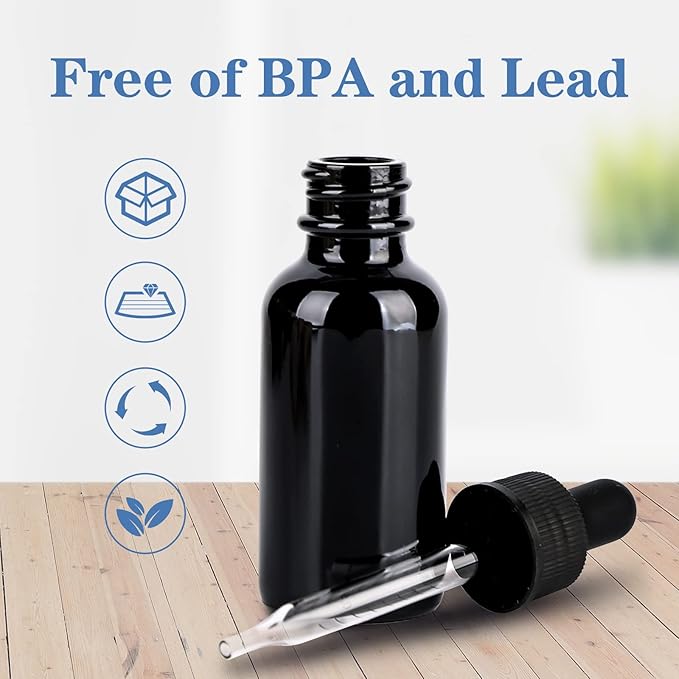 1 oz UV Resistant Dropper Bottle 48 Pack Black Glass Boston Bottles 30ml with Eye Droppers Black Caps for Essential Oils, Perfume, Leak Proof Travel Bottles for Liquids