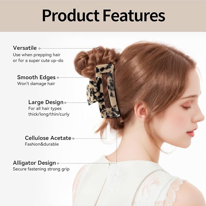 Large Hair Claws Clips, Hair Clips for Women, Acetate Claw Clips Hold Non-Slip, 4.33“Jaw Clip Big Barrettes Stylish Hair Accessories for Thick/Nomal/Thin Curly Hair, 2Pack (Black Brown)