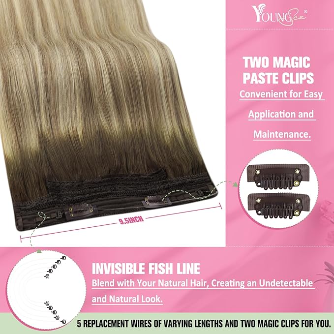 YoungSee Wire Hair Extensions Real Human Hair Brown Balayage Hair Extensions Invisible Wire Dark Roots to Light Brown with Blonde Reusable One Piece Hair Extension Easy to Wear 18Inch 80G