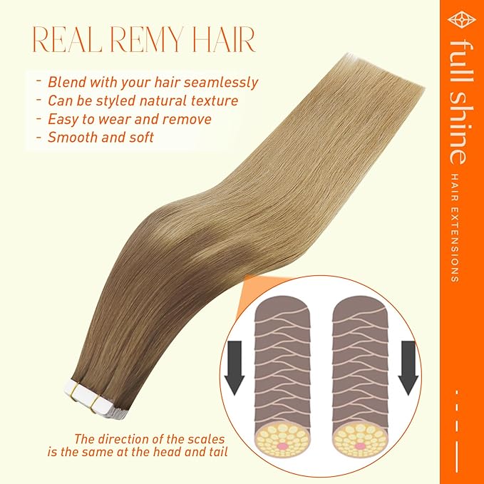 Full Shine Tape in Hair Extensions 16 Inch Tape in Extensions Color 10 Fading to 14 Balayage 20 Pcs 50G Remy Tape ins Human Hair Extensions for Women Soft Remy Seamless Skin Weft Hair Extension