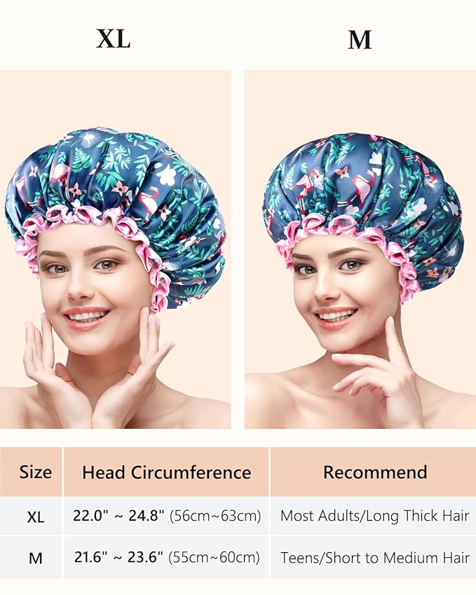 mikimini Flamingo Medium Shower Caps Pack of 2, Shower Cap for Girls and Women with Pink Lace, Reusable Waterproof Blue Shower Hat for Girls