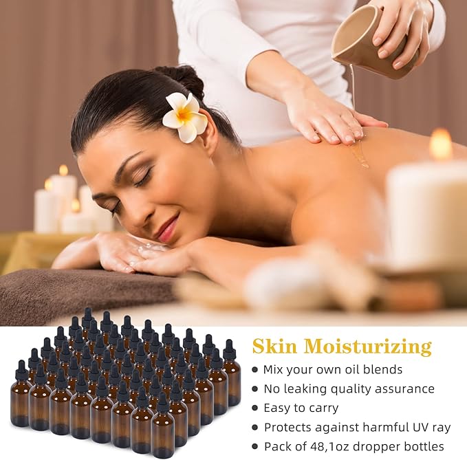 1 oz Dropper Bottle 48 Pack Amber Glass Boston Bottles 30ml with Eye Droppers Black Caps for Essential Oils, Perfume, Leak Proof Travel Bottles for Liquids