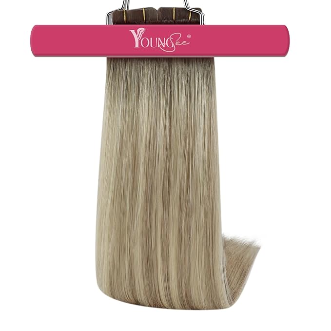 YoungSee Tape in Hair Extensions Balayage Ash Blonde Ombre Platinum Blonde Human Hair Tape in Extensions Balayage Tapes Real Hair Extension Invisible Tape-in Hair Extension for School 18In 50g 20pcs