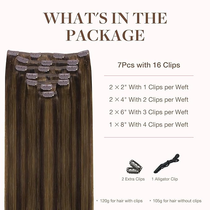 GOO GOO Clip in Hair Extensions Real Human Hair, Remy Human Hair Extensions Clip ins for Women, Natural Human Hair, 18inch 120g 7Pcs, 2C/4E/6C Brown Sugar Swirl Highlights