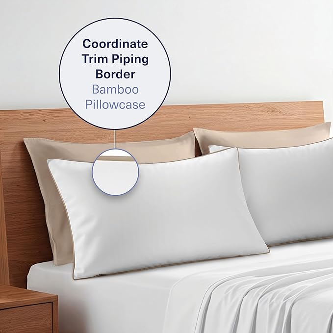 Kickoff Viscose Bamboo Pillowcase, Queen, Set of 2, 100% Organic Hidden Zippered Viscose Bamboo Pillow Case Queen Size, Cooling Pillow Cover for Hot Sleepers (20"x30", Trimmed, Iced Latte)