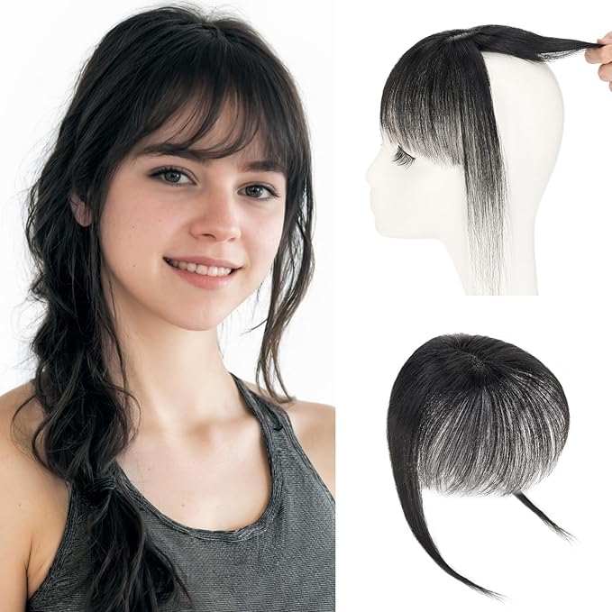 Hairro Clip On Bangs Human Hair Bangs Hair Clip In Bangs 3D 360°Cover Topper With Bangs Wispy Air Bangs Hair Pieces Fake Bangs For Women 8 Inches 10g #01 Dark Black