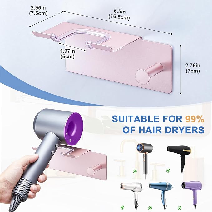Hair Dryer Holder Wall Mounted, Blow Dryer Holder Adhesive, Metal Hairdryer Holder for Bathroom, Hair Tool Organizer with Plug&Cord for Cabinet Bathroom Bedroom Barber Shops