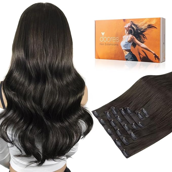 DOORES Seamless Clip in Hair Extensions, Mocha Brown 18 Inch 130g 7pcs, Human Hair Extensions Clip in Remy Human Hair Extensions Straight Thick Natural Hair Invisi Edge Hair Extensions