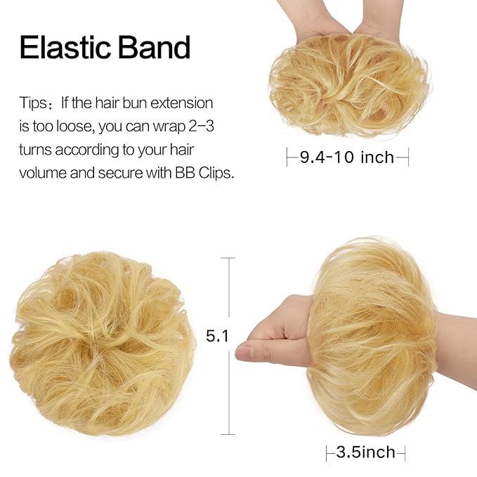 FESHFEN Human Messy Buns - 100% Human Hair Bun Real Scrunchies Hair Pieces Ponytail Extensions Wavy Tousled Updo Chignon Hairpieces for Women，Mixed Blonde
