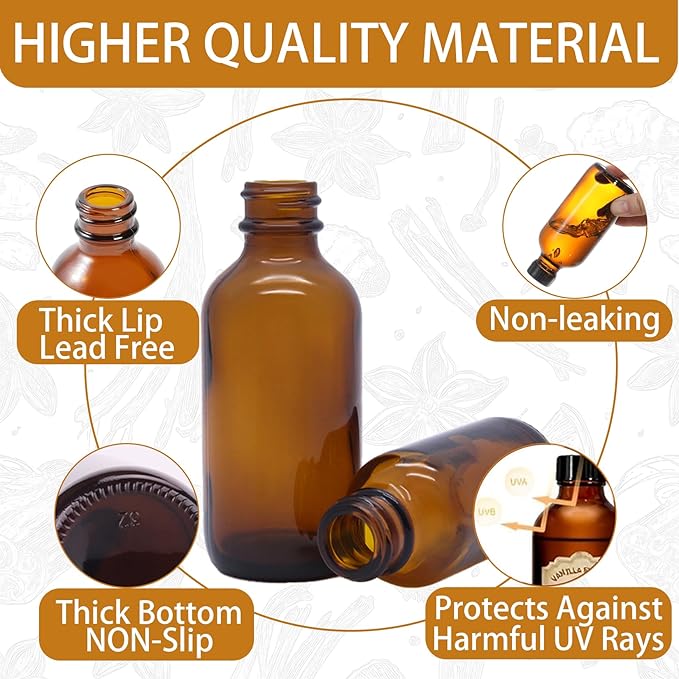 12 Pack 2oz Amber Glass Bottles for Vanilla Extract, Boston Round Leak-Proof Brown Glass Jars with Caps, Bonus Funnel - Ideal for Homemade Extracts, Essential Oils, DIY Christmas Party Gift Supplies