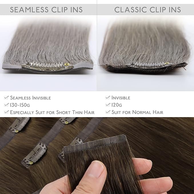 WENNALIFE Seamless Clip In Hair Extensions, 18 Inch 7pcs 130g Ombre Walnut Brown to Ash Brown and Bleach Blonde, Invisible PU Weft Natural Real Human Hair Extensions