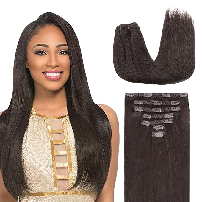 Lashey Clip in Hair Extensions Real Human Hair, 14 Inch 7pcs 120g #2 Dark Brown Straight Remy Human Hair Extensions Natural Thick Clip in Hair Extensions for Black Women
