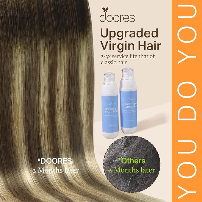 DOORES Real Human Hair Extensions, Ash Brown to Platinum Blonde, 16 Inch, 130g, 7pcs, Seamless Clip in, Remy Straight, Invisi Edge