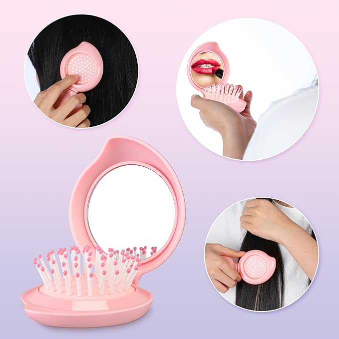Boao 2 Pack Foldable Travel Mirror Hair Brushes Round Portable Folding Pocket Hair Brush Mini Comb Compact Travel Size Massage Comb for Men Women (Pink,Mango)
