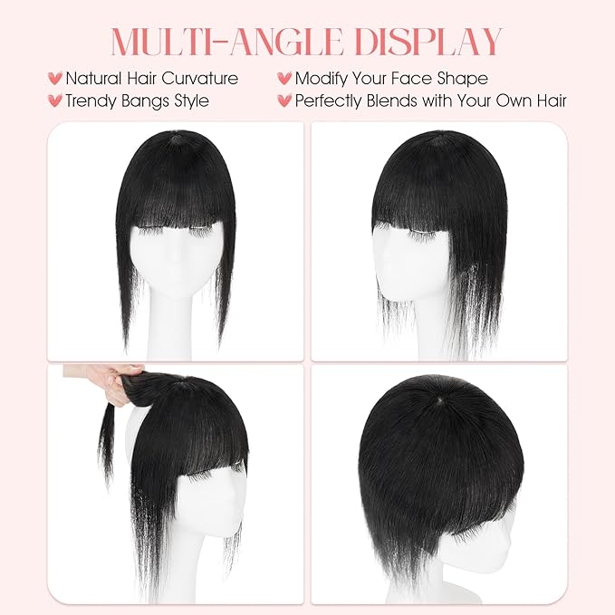 Hairro Mono Hair Toppers with Bangs, 3.4" x 3.4" Mono Base 100% Real Human Hairpieces for Women, 150% Density Clips In Topper for Greyish Thinning Hair, 14 Inch Jet Black