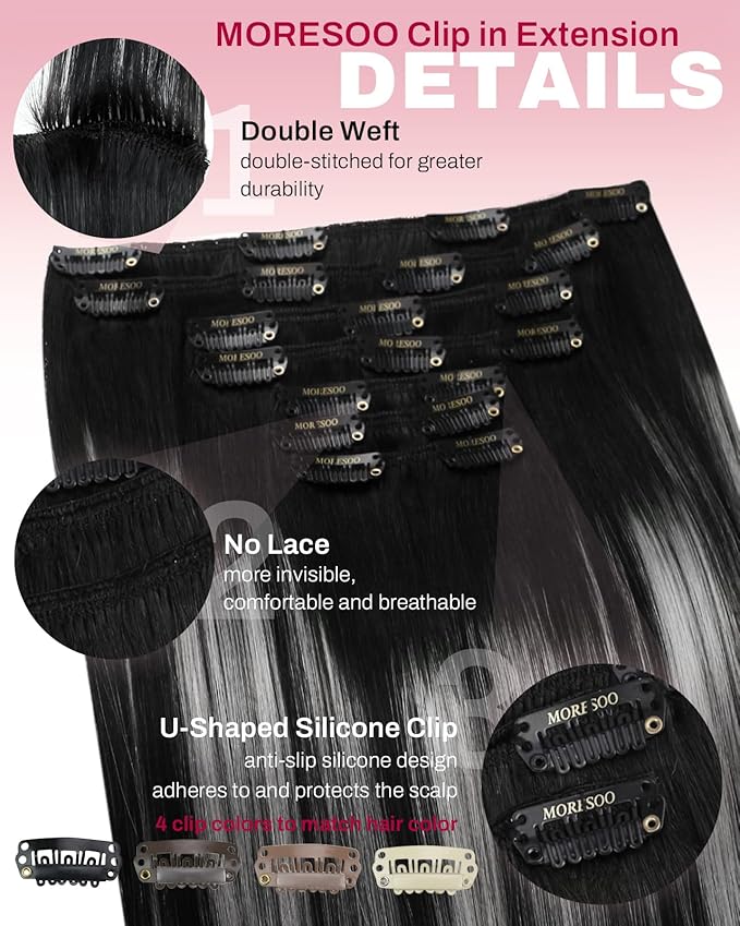 Moresoo Clip in Hair Extensions Remy Double Weft Human Hair Clip in Extensions Straight Balayage Hair Extensions for Women Ombre Black Mixed with Silver Grey 7pcs 135g 18inch