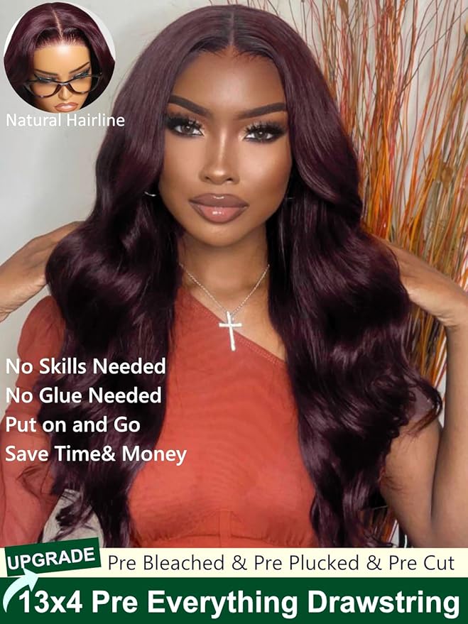 KLAIYI Black Cherry Loose Body Wave Pre Eeverything 13x4 Lace Frontal Wigs Human Hair Bye Bye Knots Glueless Ready to Wear and Go Wig with Face Framing Bangs Drawstring Pre Plucked Burgundy Wig 24Inch