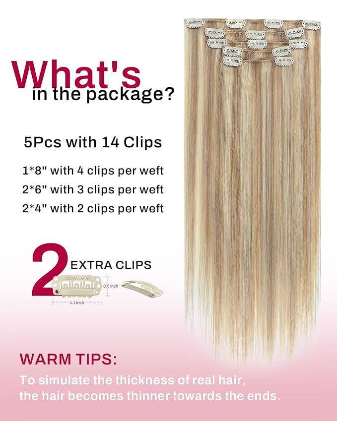 Moresoo Clip in Hair Extensions Human Hair Blonde with Brown Human Hair Extensions Clip ins Golden Brown with Medium Blonde to Add Highlights for Women Short 80g/5pcs Double Weft 14in