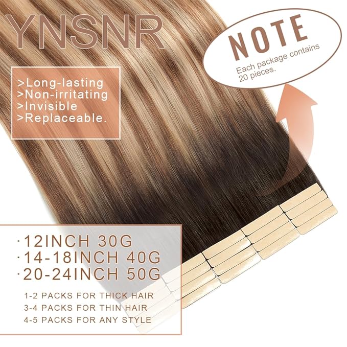Tape in Hair Extensions Human Hair 16 Inch 20pcs Invisible Tape ins Hair Extensions Real Human Hair Chestnut Brown to Mixed Dirty Blonde Remy Seamless Injected Tape Extensions
