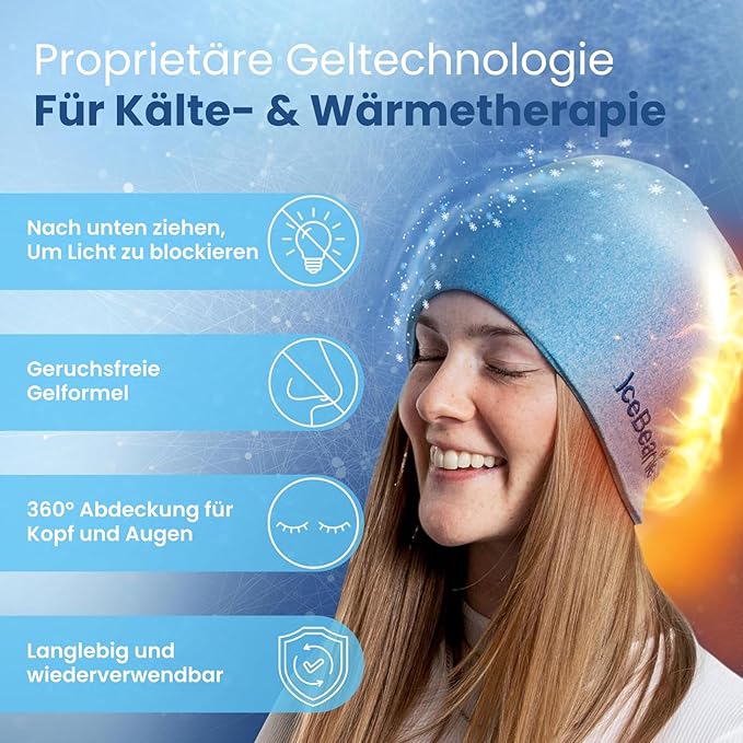 IceBeanie Migraine Relief Cap, As Seen on Shark Tank, Soft & Stretchy Gel Tension Headache Relief Cap, Extended Cooling Hangover Ice Hat, Odorless Head Wrap Ice Pack Wrap, Headache Migraine Mask