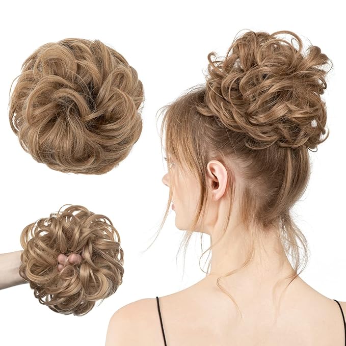 CJL HAIR Large Messy Bun Hair Piece Wavy Curly Scrunchies Synthetic Chignon Ponytail Hair Extensions Thick Updo Hairpieces for Women Pecan Blonde