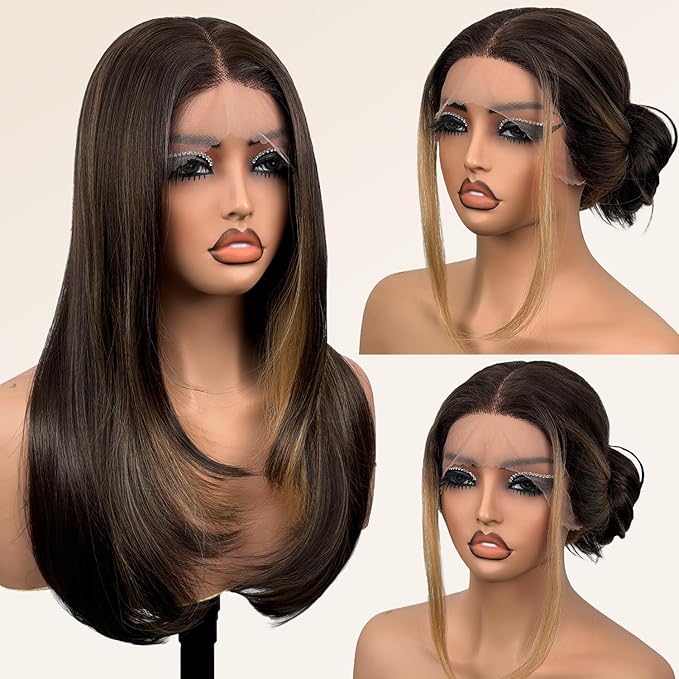 Glueless Synthetic Lace Front Wig 26 Inches Long Straight 13x5x1 HD Lace Wigs for Black Women (4/27 Highlight, 26 Inch)