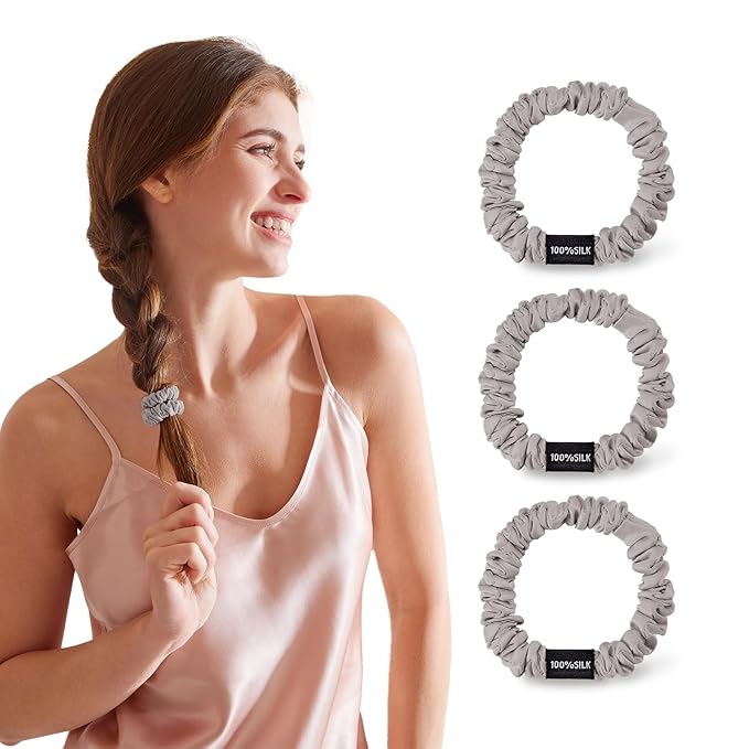 THXSILK 100% Mulberry Silk Scrunchies 3-Pack, 25 Momme Mulberry Silk Hair Ties for Women, Sleek Low Profile No Damage Ponytail Holders, for Fine Hair & Everyday Use, Grey
