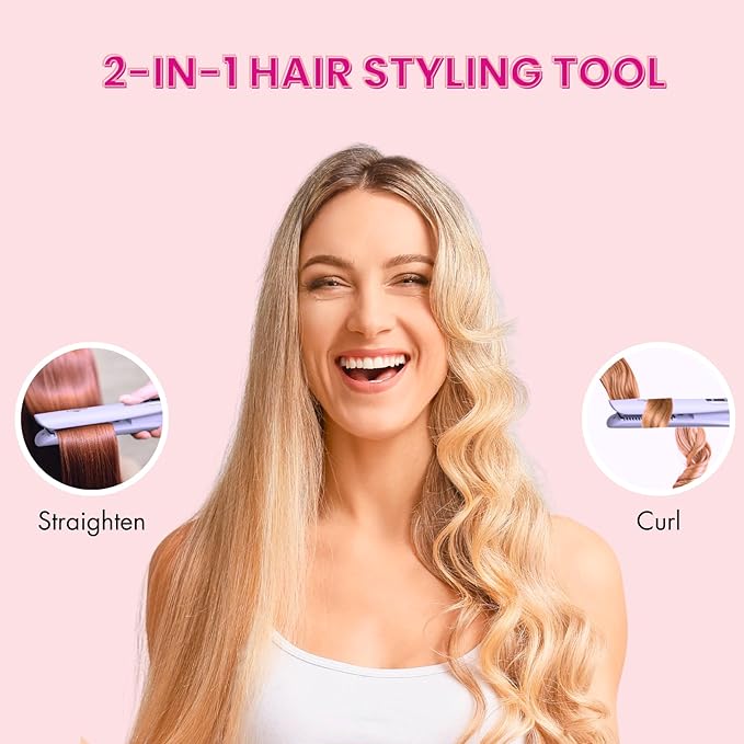 Cordless Hair Straightener, Portable Flat Iron and Curler 2 in 1, Fast Heat, Type-C Rechargeable, for Travel/Home (Purple)