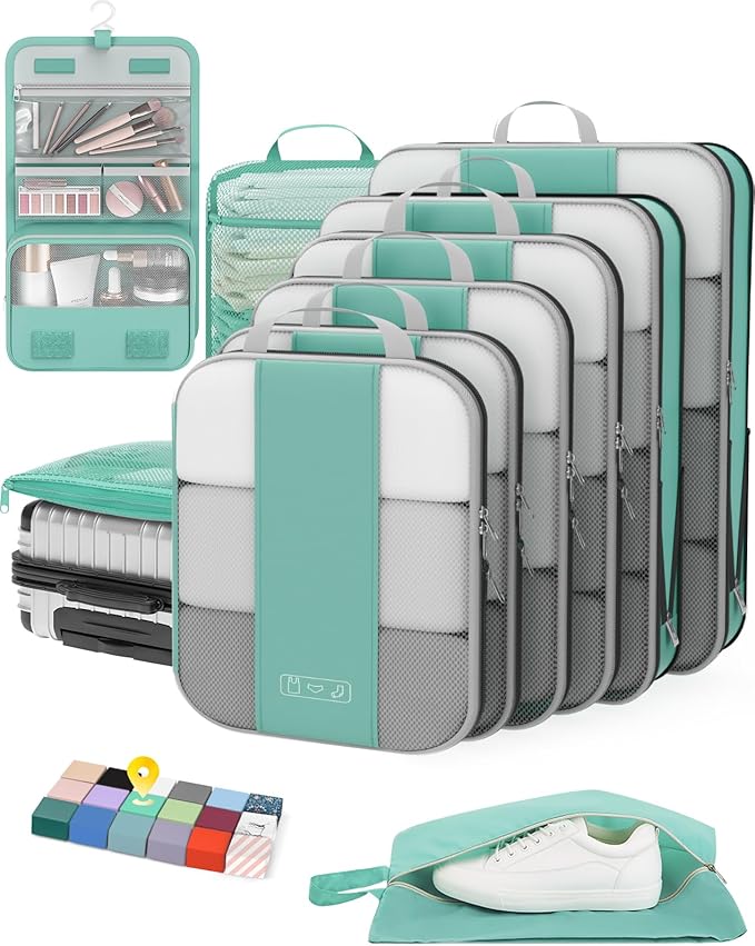 10 Set Compression Packing Cubes for Travel Essentials,Compressible Expandable Packing Cubes for Suitcase,OlarHike Luggage Organizer Bags for Travel,Handy Helper for Organizing Clothes(Cyan)