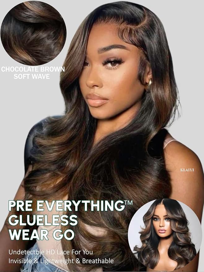 KLAIYI 13x4 Pre Everything Lace Front Chocolate Brown With Highlights Loose Body Wave Wig Human Hair Pre Cut Lace Pre Bleached Bye Bye Knots Pre Plucked Ombre Glueless Wear Go Wig Ready to Wear 18Inch