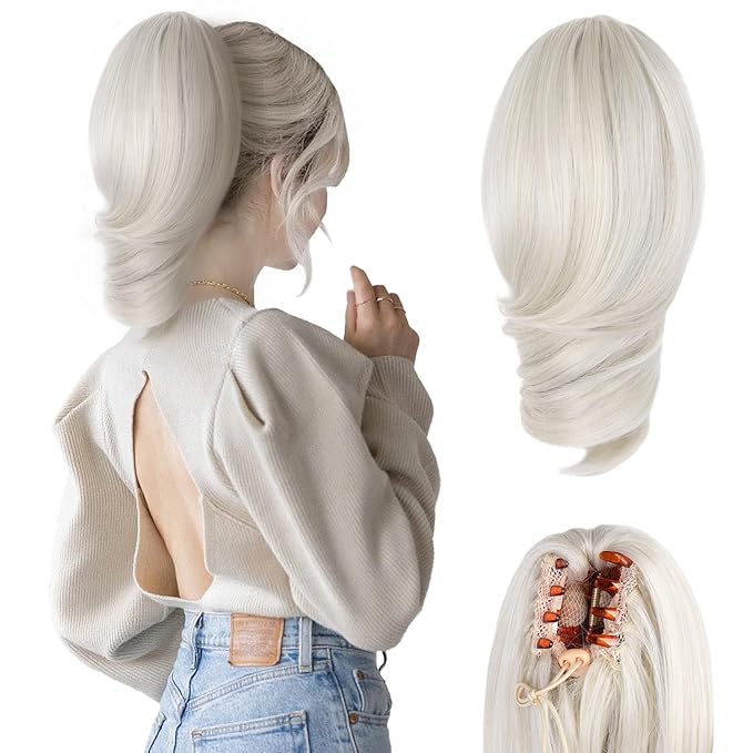 Claw Clip Ponytail Extension - 12 Inch Curly Ponytail Extension, Wavy Pony Tails Hair Extensions, Synthetic Hair Extensions Ponytail, Clip On Ponytails for Women (Color: Platinum Blonde)