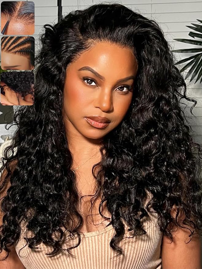 KLAIYI Water Wave Bye Bye Knots Glueless Wig Human Hair 7x5Precut Lace Front Pre Plucked Bleached Wear and Go Wig with Curly Baby Hair Drawstring 3S Ready to Go Pre Everything Beginner Friendly 24Inch