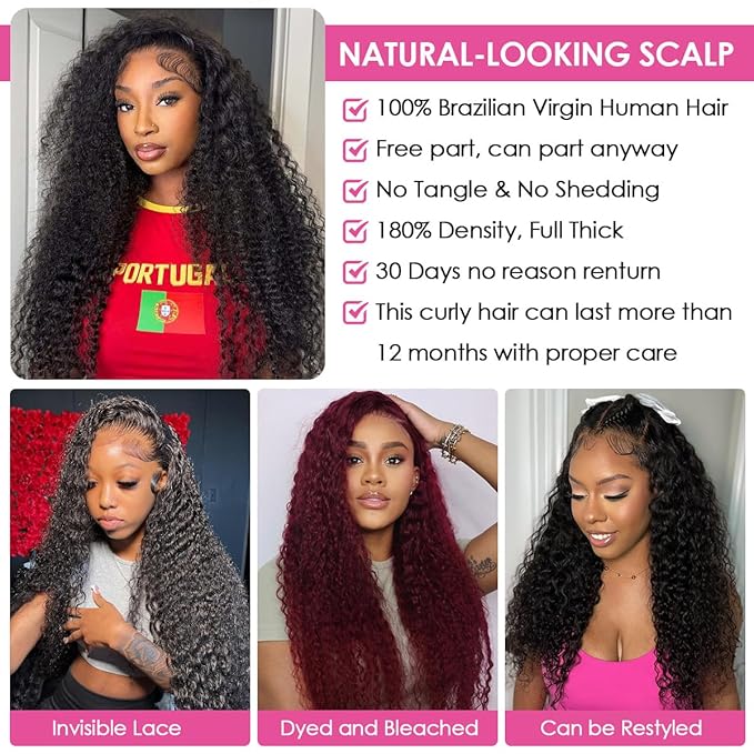 CYNOSURE HD Lace Front Wigs Human Hair Pre Plucked 180% Density Kinky Curly Lace Frontal Wigs Human Hair Glueless Natural Black Color 28inch