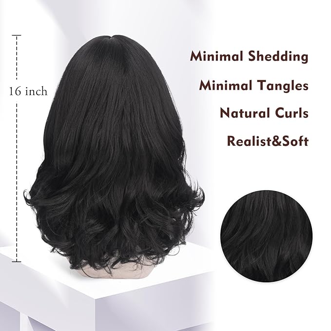 Wig with Bangs for Women | 16 Inch Layered Body Wave Synthetic Wig | Heat Resistant Yaki Fiber Natural Looking Shoulder Length Wigs | Synthetic Wig for Daily Wear - Natural Black