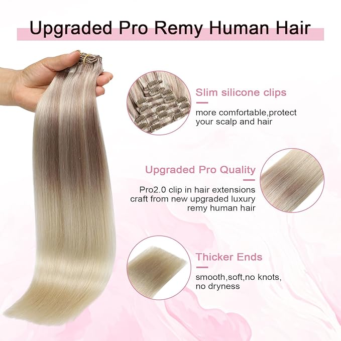Pro2.0 Clip in Hair Extensions Real Human Hair 20inch 7pcs #18/22/60 Balayage Ash Blonde to Golden Blonde and Platinum Blonde Real Human Hair Extensions Clip ins 120g Thick（#18/22/60-20inch）