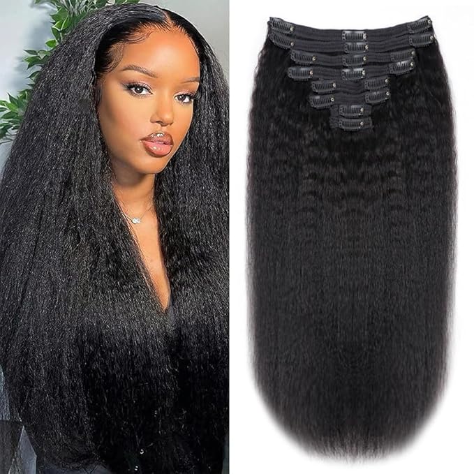 Kinky Straight Human Hair Clip in Extensions 120g Full Head Clip ins for Women 100% Unprocessed Brazilian Virgin Human Hair Yaki Straight Clip ins Remy Hair Natural Black 8Pcs 18Clips 24inch