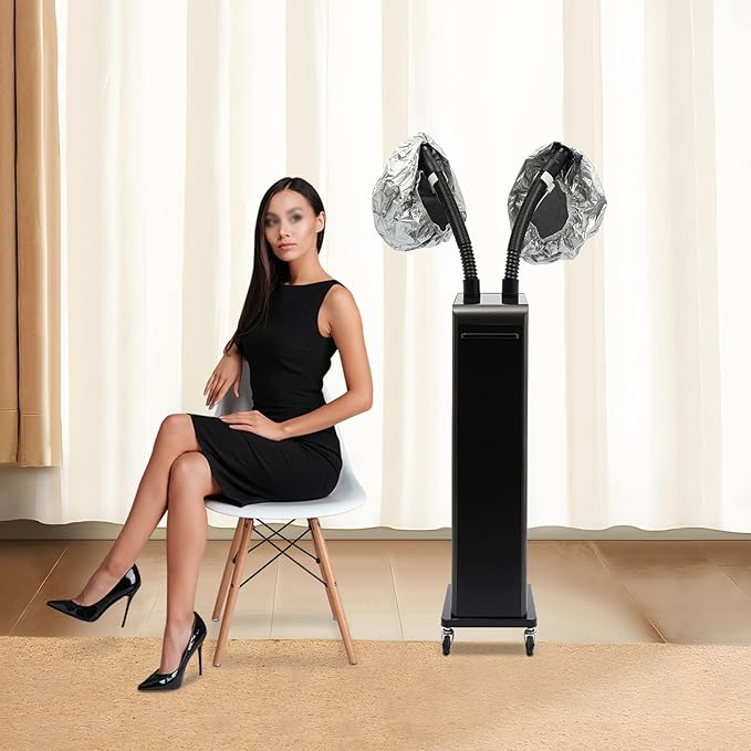 Nano Hair Steamer, 700W Professional Micro Mist Hair Processor with 2 Vaporizing Caps & 4 Wheels, Vertical Hair Care Machine for Home Salon SPA Barber Shop (Double-Tube)