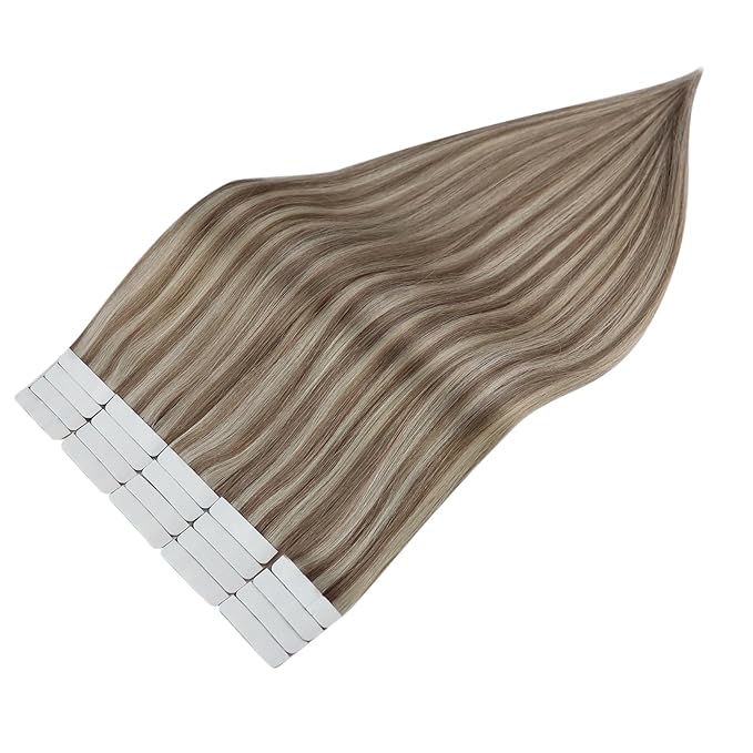 Full Shine Blonde Tape in Hair Extensions Human Hair 16Inch Soft Remy Hair Extensions Color 8 Ash Brown Highlights 60 Platinum Blonde Tape in Extensions Skin Weft Hair Extension Tape ins 50G 20Pcs