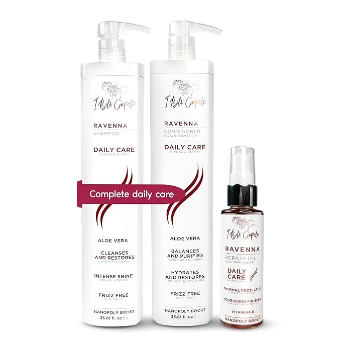 I Belli Capelli Ravenna Daily Care Kit - Aloe Vera Shampoo & Conditioner + Repair Oil – Sulfate & Paraben-Free, Deep Moisture, Breakage Reduction & Repairs Split Endsfor Dry, Damaged & All Hair Types