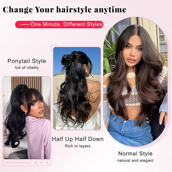 ALXNAN Long Wavy Hair Extensions for Women, Clip in Hair Extensions Clip Ins Soft Full Head Synthetic Hairpieces 20 Inch Medium Ash Brown
