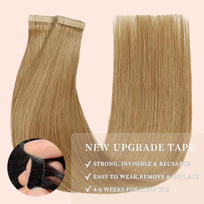 Tape in Hair Extensions Human Hair 20pcs Remy Hair Extensions 18 Inch Honey Blonde Straight Invisible Human Hair Tape in Extensions Skin Weft Tape Extensions Human Hair (27#,18 Inch)