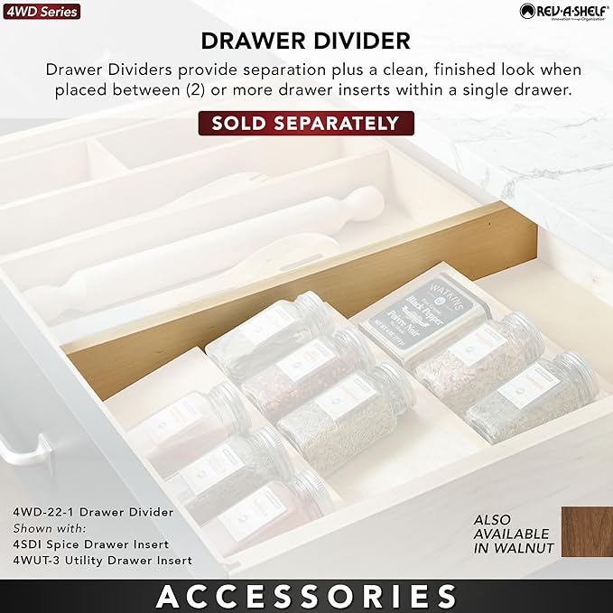 Rev-A-Shelf 22" 3 Tiered Seasoning Organizer, Trim-to-Fit Wooden Kitchen Draw and Cabinet Home Storage Insert, Pull Out Spice Rack, Maple, 4SDI-24