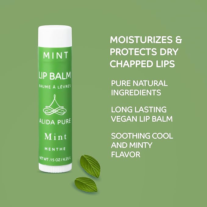 ALIDA PURE Mint Lip Balm Collection, Vegan Lip Balm, Beeswax Free, with Avocado Oil, Organic Jojoba Oil, and Vitamin E, for Dry, Chapped, or Cracked Lips, 3 Tube Set