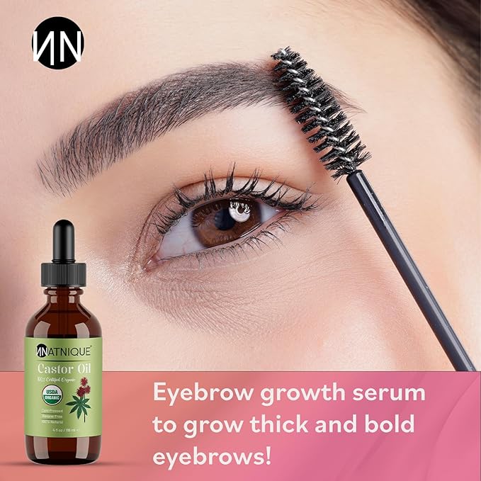 Natnique Castor Oil 4oz – USDA Certified Organic, 100% Pure Cold Pressed Unrefined Oil for Hair Growth, Eyelashes, Eyebrows & Scalp – Natural Skin Moisturizer, Lash Serum & Hair Treatment